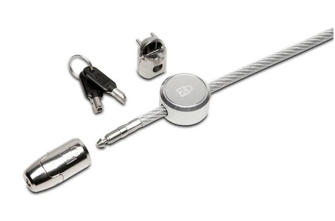 Lucchetto di sicurezza in acciaio con cilindro metallico, due chiavi e connettore. Progettato per la protezione dei laptop.