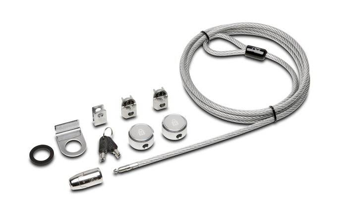 Un set di lucchetto di sicurezza con cavo, chiavi e accessori di fissaggio, utilizzato per proteggere dispositivi.