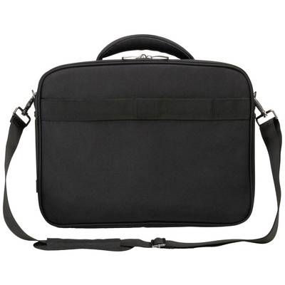Una borsa nera per laptop con tracolla e manico, chiusa e mostrata su sfondo bianco.