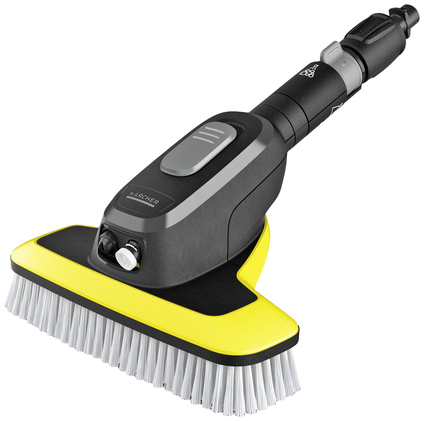Accessorio per pulizia a vapore con spazzola e impugnatura per la pulizia di superfici. Design giallo e nero, ideale per sporco ostinato.