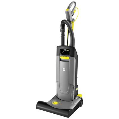 Un aspirapolvere grigio-giallo dal design verticale, con impugnatura e tubo visibili, poggia su uno sfondo bianco.