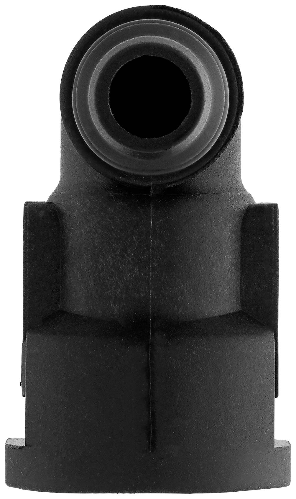 Un raccordo nero in materiale plastico con una cavità cilindrica; probabilmente utilizzato come adattatore o connessione in un contesto tecnico.