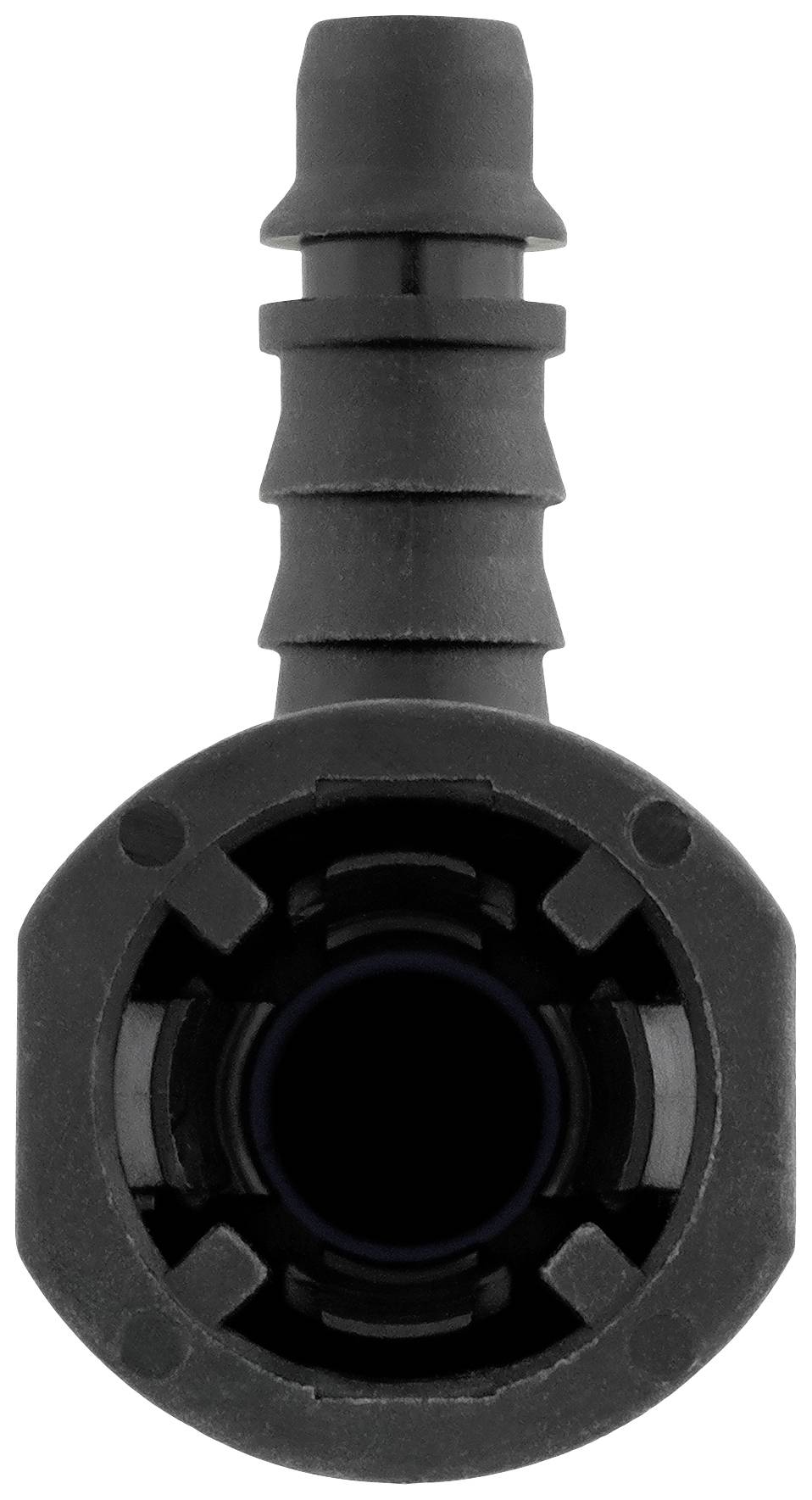 Un pezzo in plastica nero, a forma di tubo, con diverse scanalature e un'apertura circolare, probabilmente un elemento di connessione.
