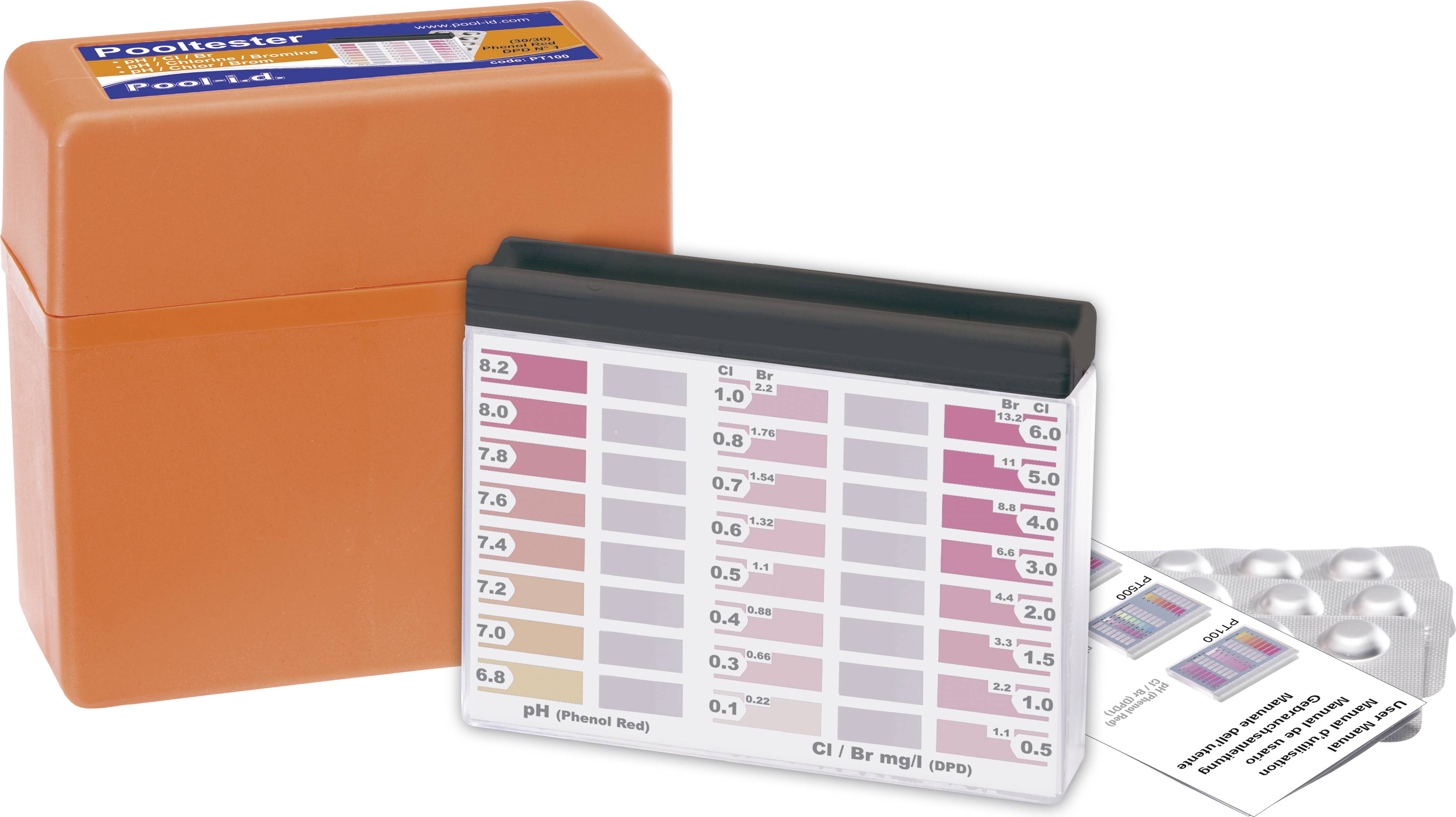 Scatola arancione contenente strisce reattive per l'analisi dell'acqua della piscina con istruzioni. Include una tabella per la determinazione del pH e del cloro/bromo tramite confronto cromatico.