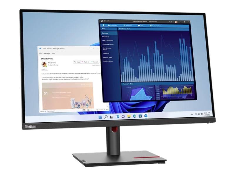 Uno schermo di computer mostra un'e-mail con il titolo 'Docker Review' e una dashboard con vari grafici e statistiche.
