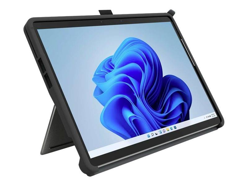 Un tablet con un design di onde blu sullo schermo, in un custodia protettiva nera, posizionato su un supporto.