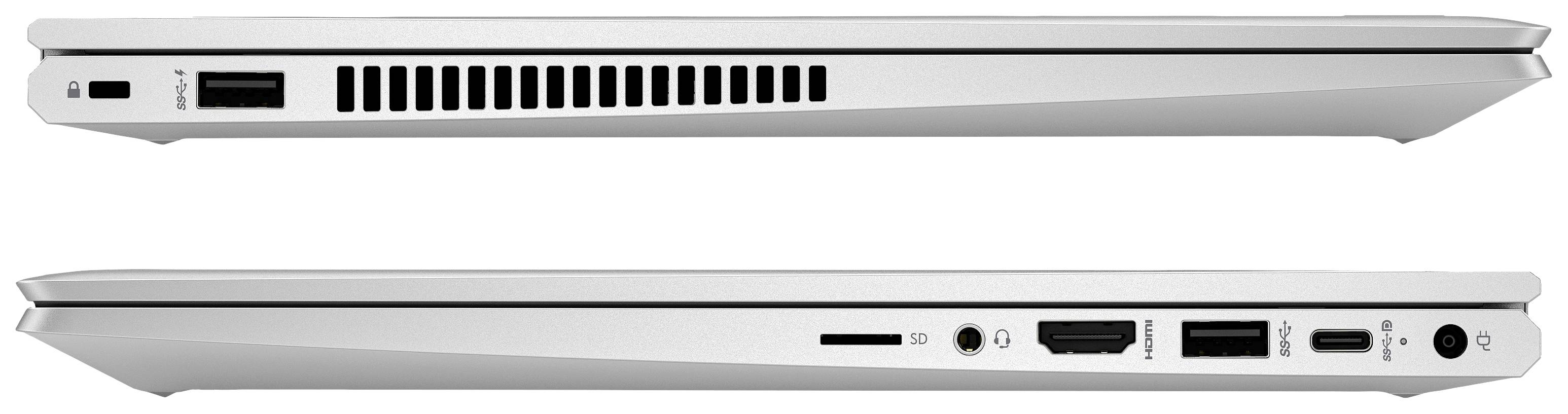Due laptop affiancati, vista laterale. Il laptop superiore mostra le griglie di ventilazione, quello inferiore presenta diversi porte come HDMI e USB.