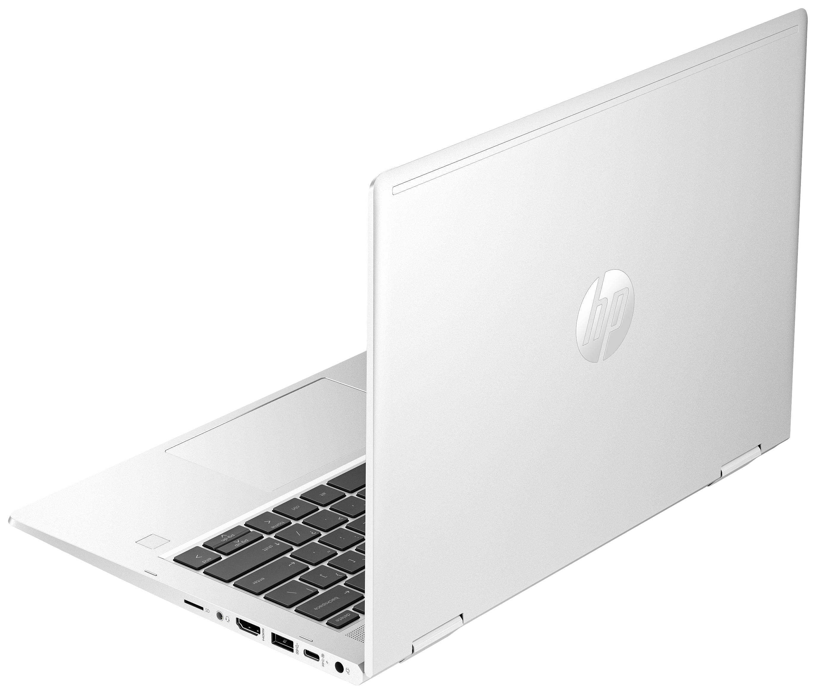 Un laptop argentato, parzialmente chiuso, con tastiera e porte laterali visibili. Dispositivo dal design moderno e minimale.