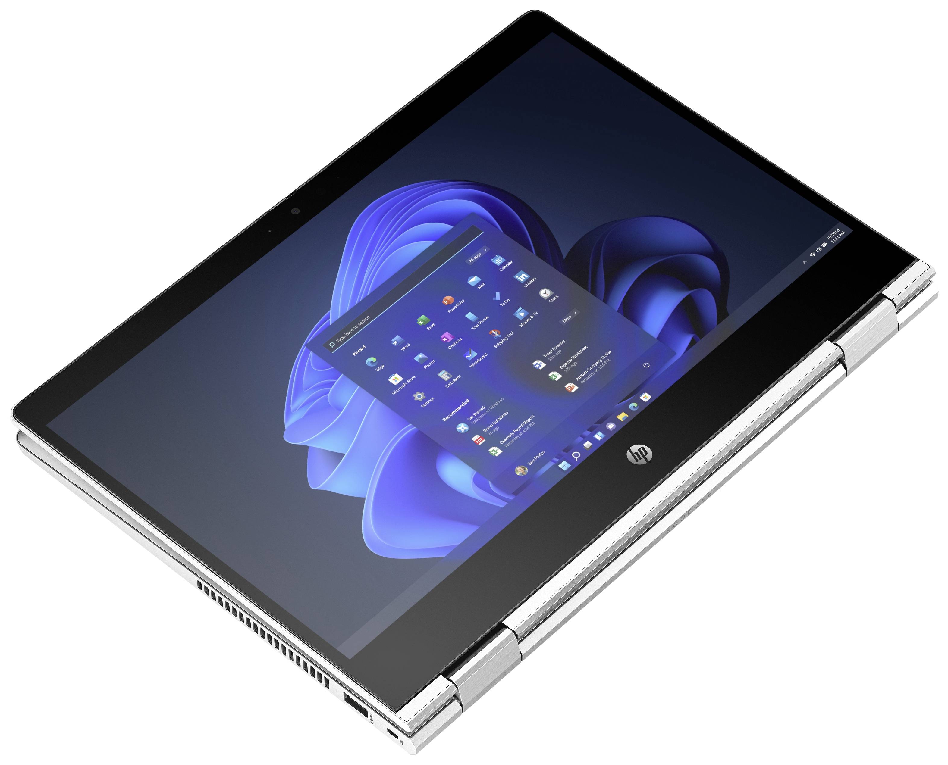Un laptop argentato con touchscreen è mostrato in modalità tablet ripiegato, con app di Windows 11 visibili sullo schermo.