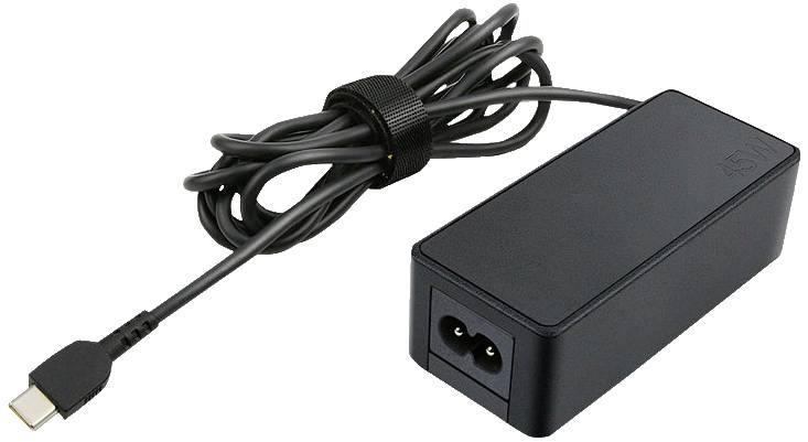 Alimentatore nero con cavo e connettore USB-C.