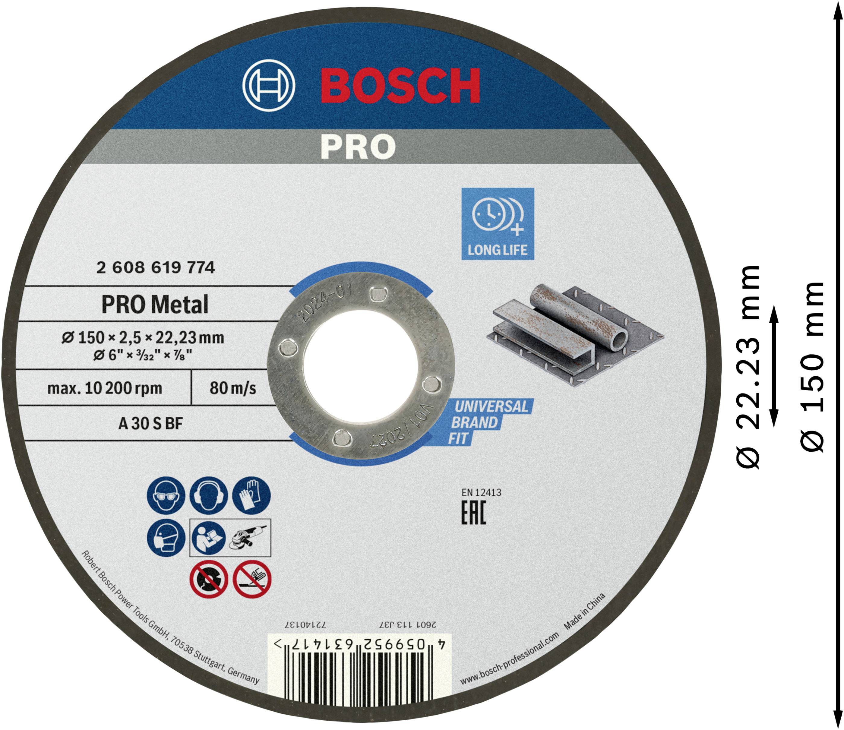 Disco abrasivo per metallo, marca 'Bosch Pro', diametro 150 mm, spessore 2,5 mm, adatto per 80 m/s, velocità massima 10.200 giri/min.