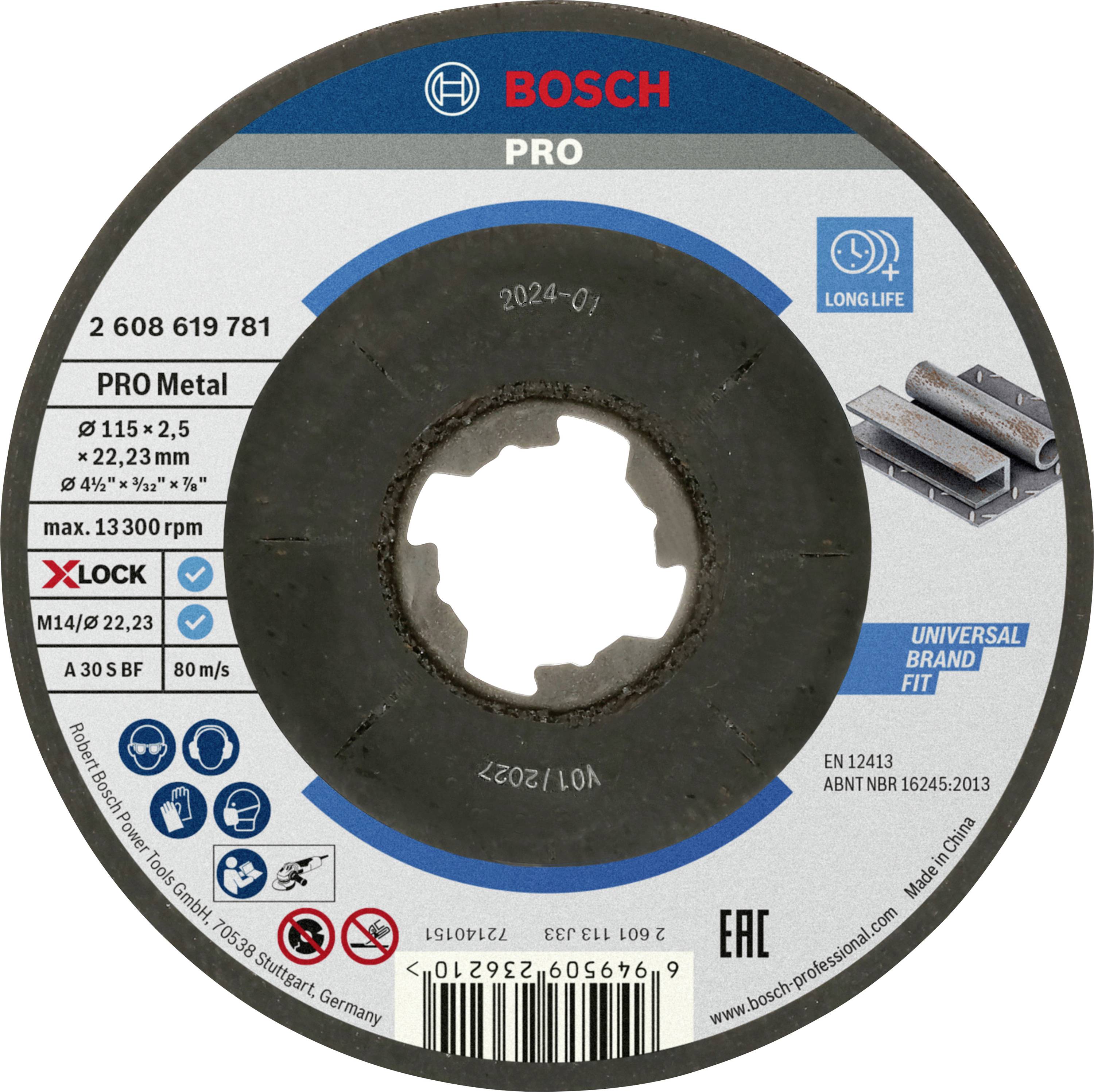 Disco abrasivo Bosch per metallo con sistema X-LOCK; diametro 115 mm. Contrassegnato con 'Long Life' e avvertenze di sicurezza.