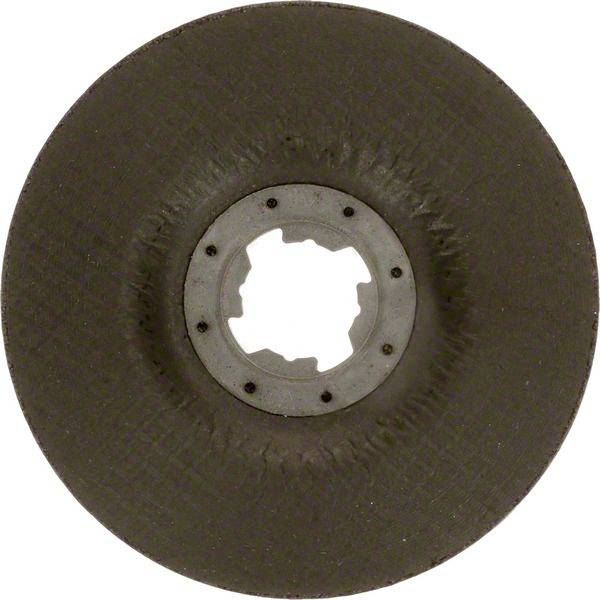 Un disco abrasivo grigio di forma circolare, usurato uniformemente, con nucleo metallico al centro.