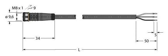 Disegno tecnico di un cavo con connettore M8, che mostra le dimensioni: diametro 9,6 mm, lunghezza 34 mm e 50 mm, lunghezza totale L.