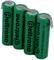 Quattro batterie verdi Beltrona, tipo AA, 1,2V. Hanno contatti metallici per il collegamento in un dispositivo.