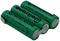 Tre batterie AA verdi con la scritta 'Ni-MH RTU AA 2200mAh 1.2V', disposte in un gruppo.