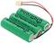 Tre batterie cilindriche verdi AA NiMH da 2200mAh e 1,2V, collegate tra loro da cavi con un connettore bianco.