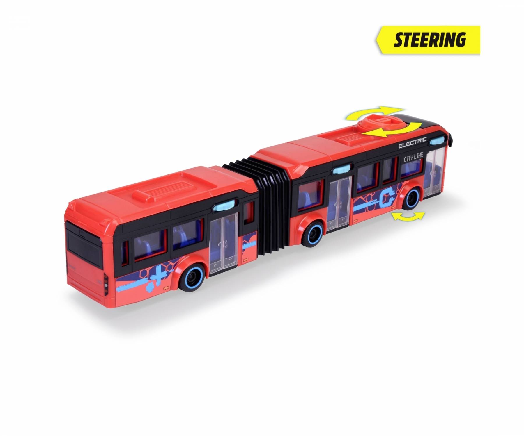 Modello rosso di un autobus elettrico articolato con indicatori di sterzata. Etichetta in alto a destra: 'STERZO'.