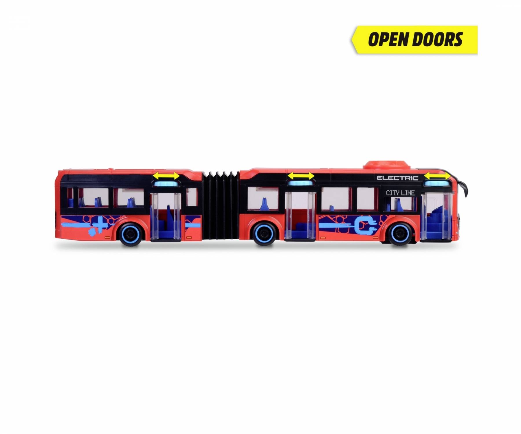Un modello di autobus elettrico giocattolo rosso e blu con la porta aperta. Testo 'Open Doors' in alto a destra.