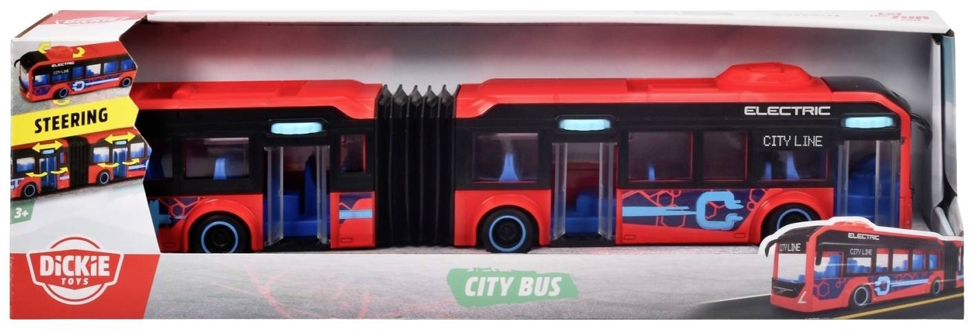 Un modello di autobus urbano giocattolo rosso in una confezione, etichettato con 'City Line' ed 'Electric'. Adatto a bambini dai 3 anni in su.