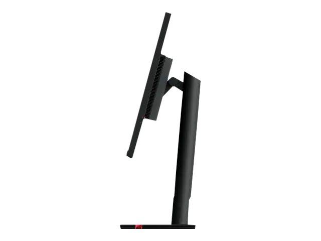 Vista laterale di un monitor nero per computer con supporto regolabile inclinato verso sinistra.