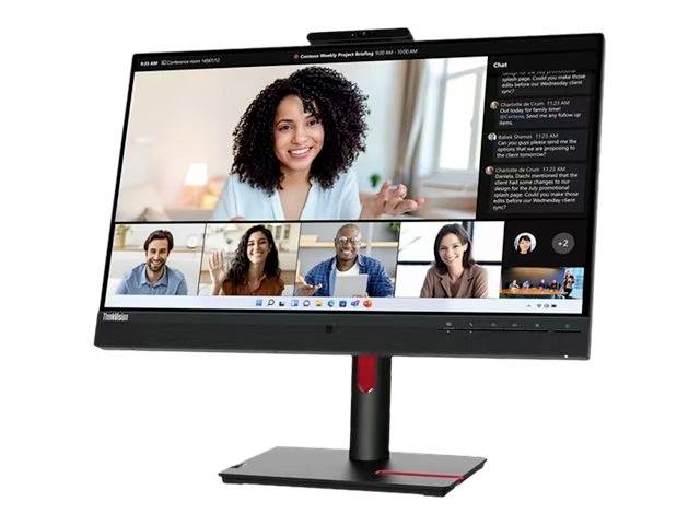 Schermo del computer con cinque persone in una videoconferenza, messaggi di chat sul lato destro, in un ufficio moderno.
