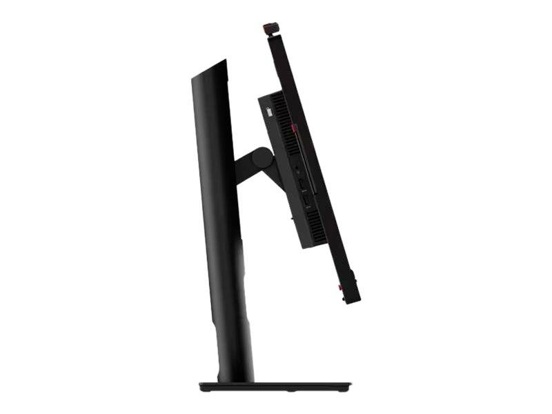Vista laterale di un monitor per computer con inclinazione leggera, montato su un supporto regolabile, con porte e connettori visibili sul retro.
