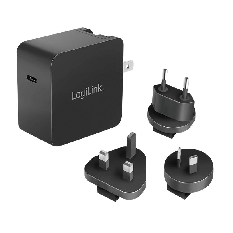 Caricabatterie nero di LogiLink con porta USB-C e tre adattatori intercambiabili per prese elettriche di diversi paesi.