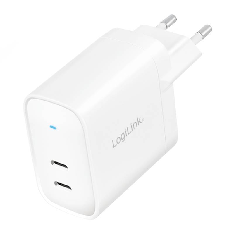 Caricabatterie USB bianco con due porte e spina europea, contrassegnato con 'LogiLink', per la ricarica rapida di più dispositivi.