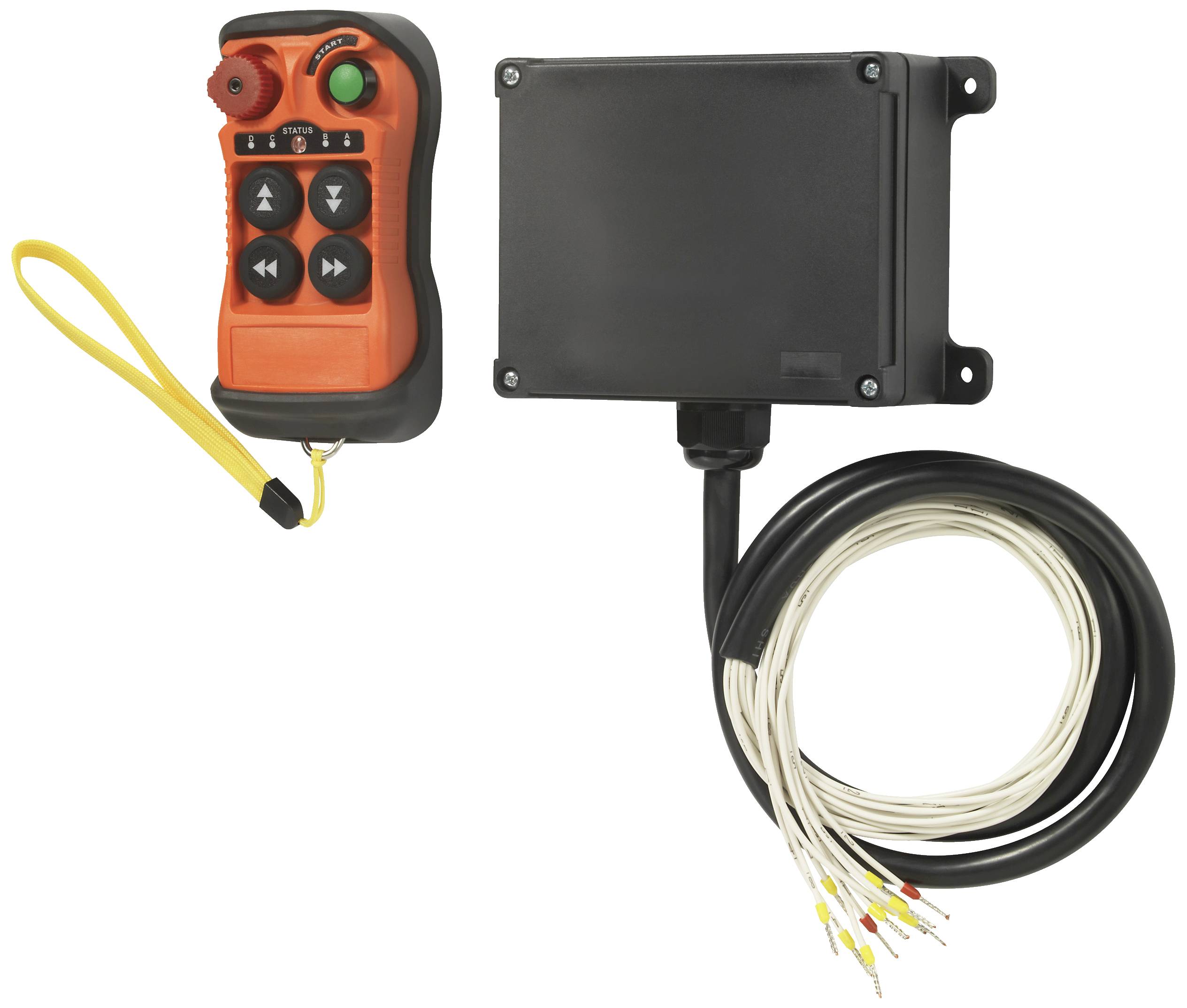 Un dispositivo di controllo wireless con sei pulsanti e un'unità ricevente con diversi cavi sciolti, adatto per applicazioni industriali.