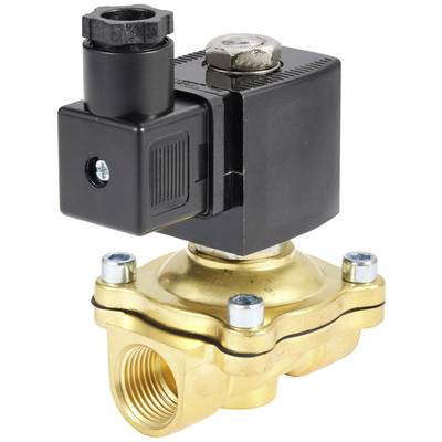 Una valvola magnetica nel design industriale, con involucro nero e un raccordo color oro, utilizzata per il controllo del flusso di liquidi o gas.