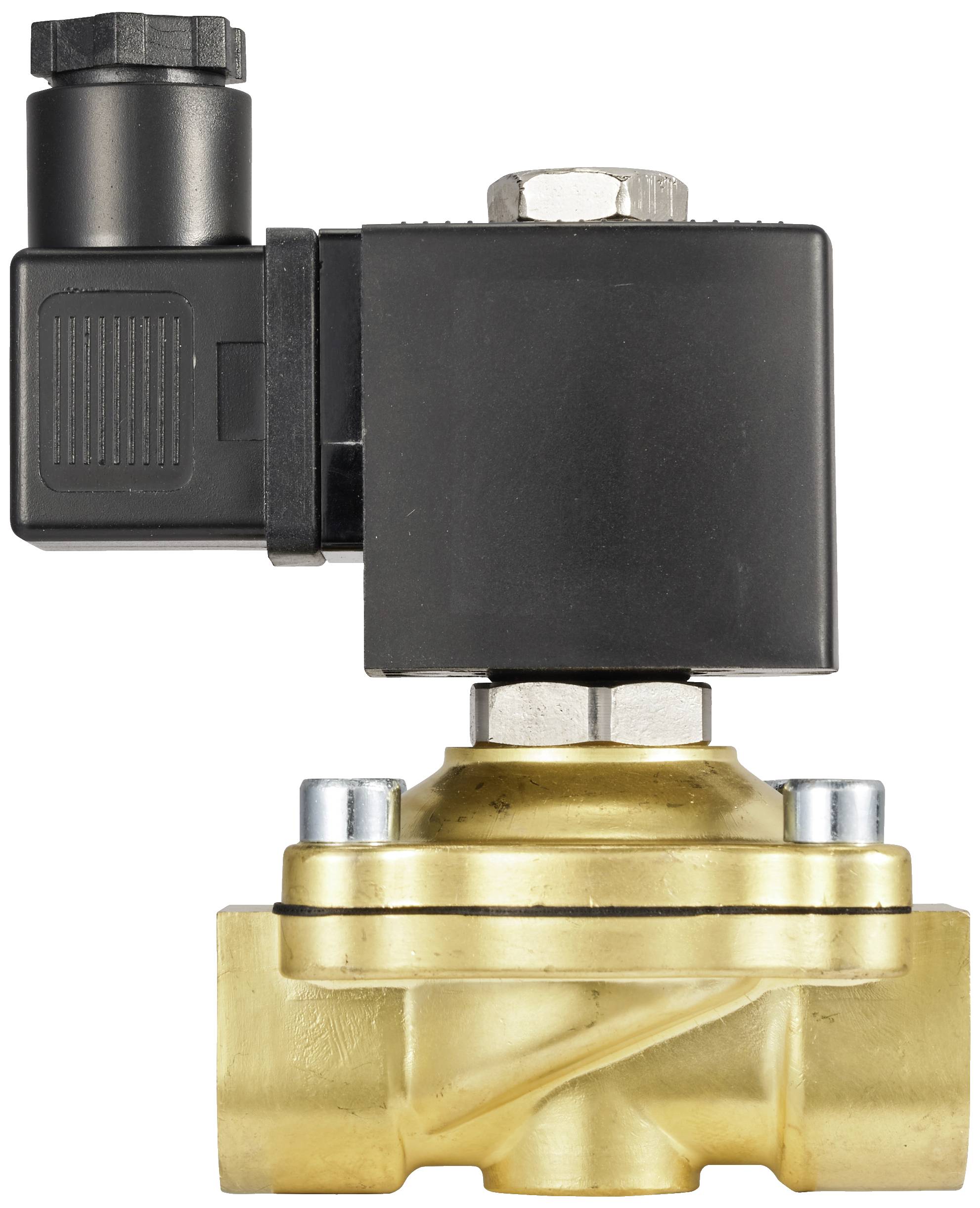 Una valvola elettromagnetica in ottone, di colore nero e dorato, per il controllo del flusso di liquidi o gas nelle tubazioni.