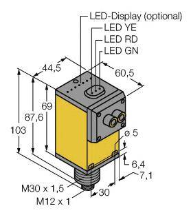 Disegno tecnico di un sensore rettangolare con dimensioni, connettori e display LED opzionale; misure indicate in millimetri.