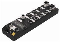 Un dispositivo nero con più connettori rotondi, un display e la scritta 'TURCK' sulla parte superiore.