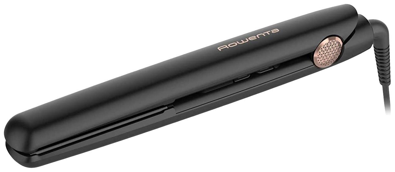 Piastra per capelli nera Rowenta con dettagli rosa. Design ergonomico, adatta per raddrizzare e styling dei capelli.