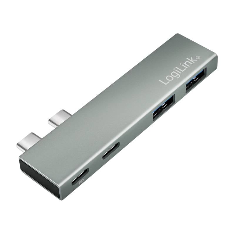 Hub USB-C multiporta: due porte USB, HDMI, lettore di schede SD. Design in argento. Marchio 'LogiLink'.