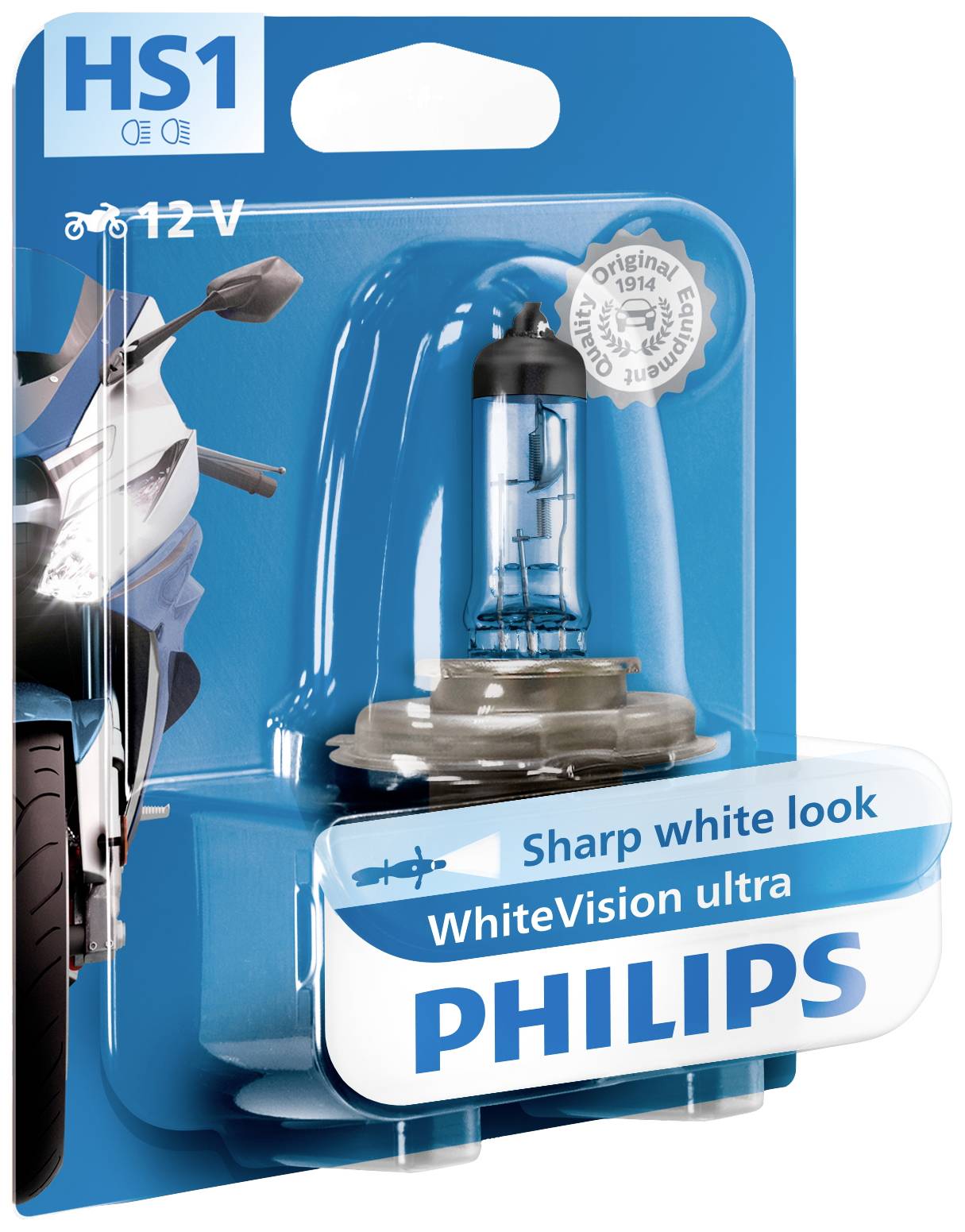 Blister con una lampadina Philips HS1 WhiteVision Ultra. Scritta 'Sharp white look'. Confezione che mostra un motocicletta.