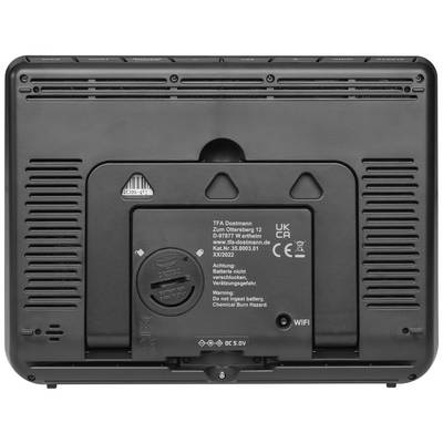Retro di un dispositivo elettronico con indirizzo del produttore, numero di modello e avvertenze. Include il logo Wi-Fi e la porta DC.