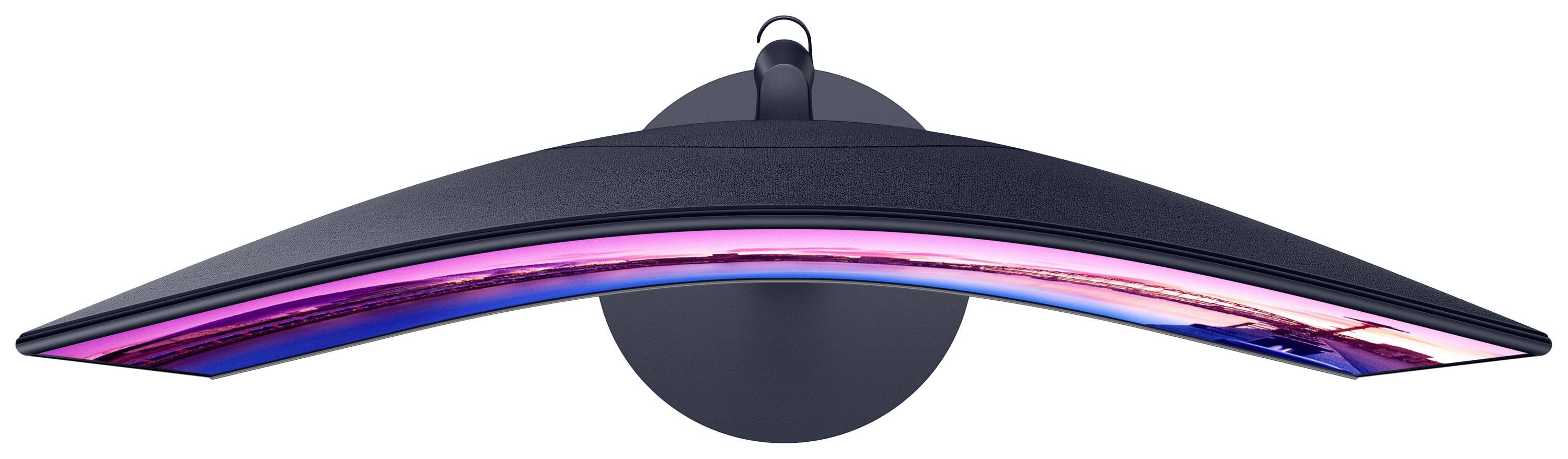 Uno schermo curvo per computer, visto dall'alto, illuminato con luce blu e rosa. Lo schermo è fissato su un piedistallo rotondo.