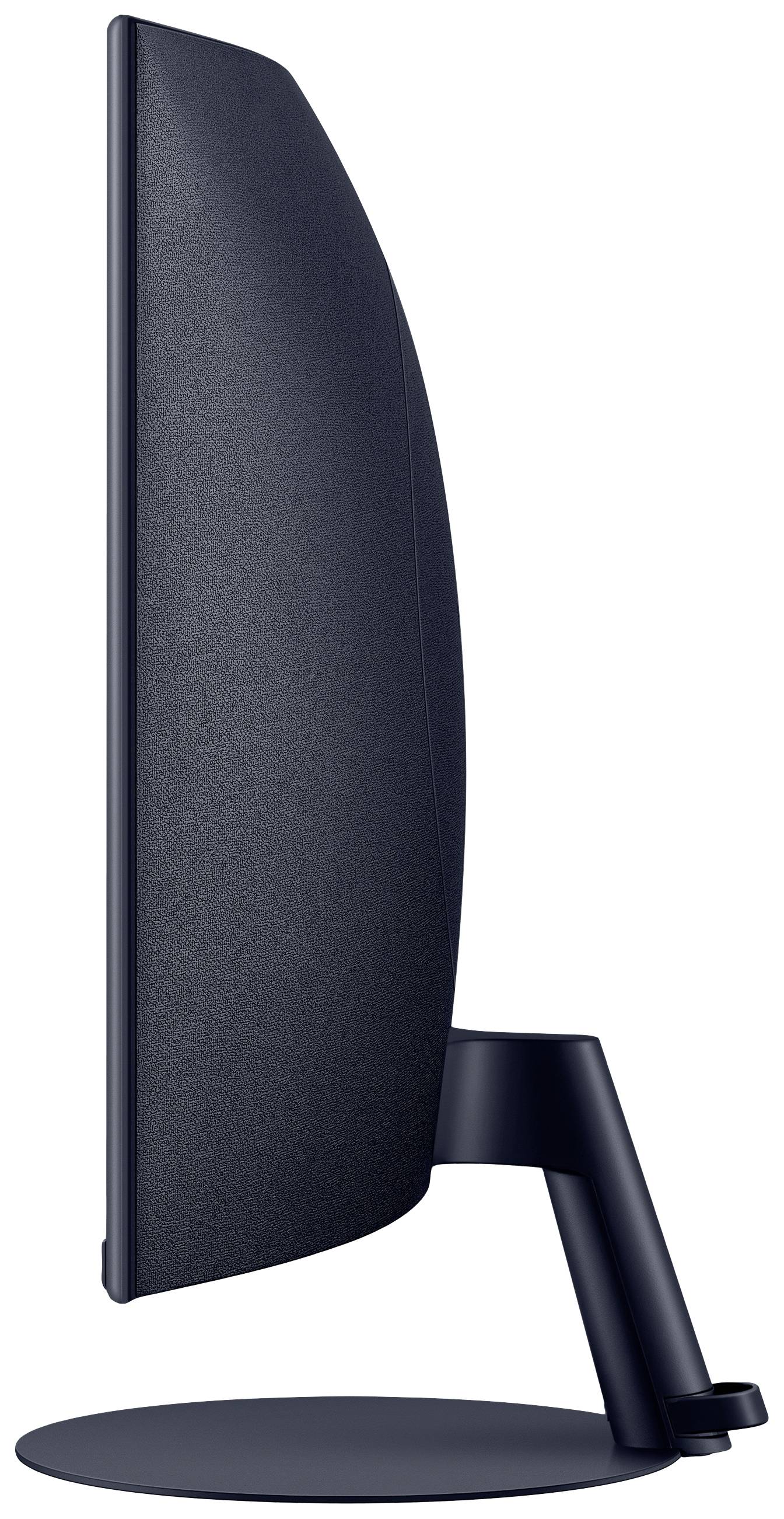 Vista laterale di un monitor per computer sottile e blu scuro su un piedistallo rotondo, che mostra la sua forma slanciata e il design minimalista.