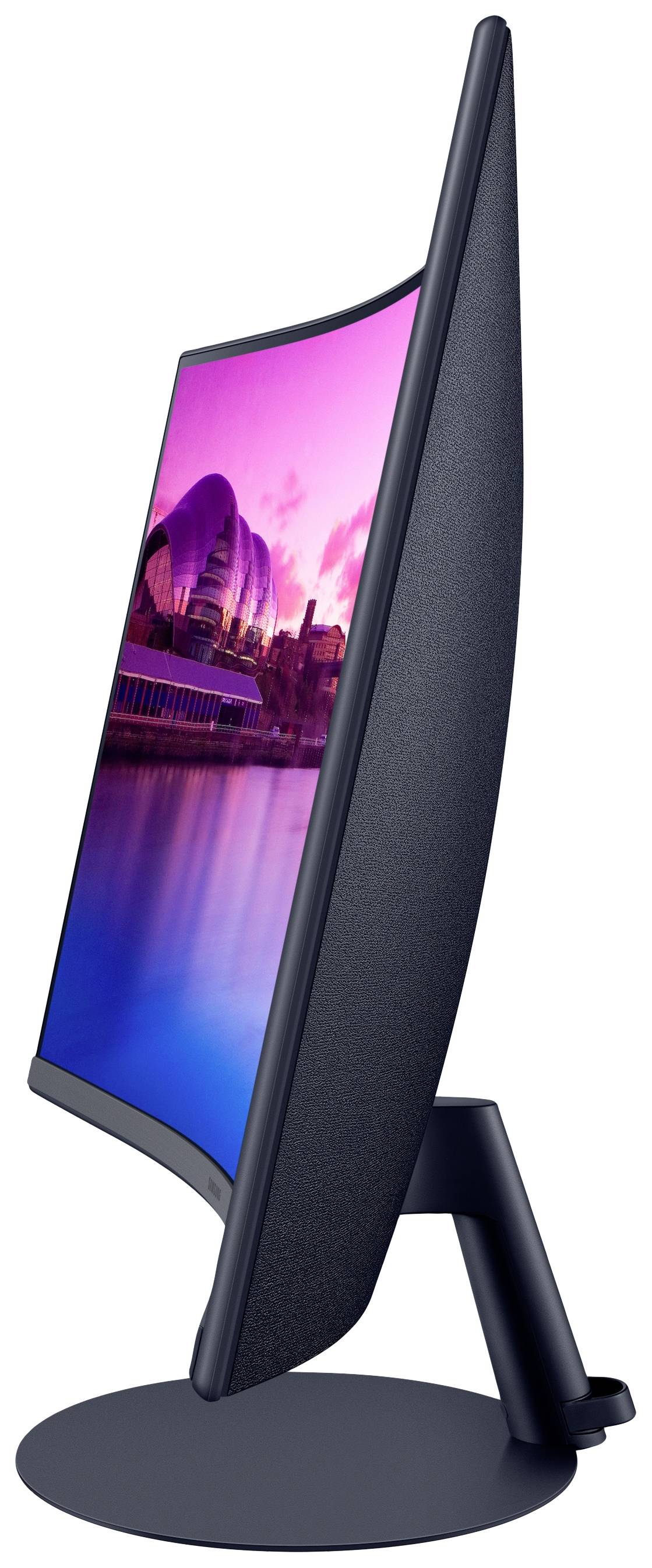 Vista laterale di un monitor curvo con un paesaggio urbano colorato sullo schermo, che risplende in tonalità di viola e rosa.