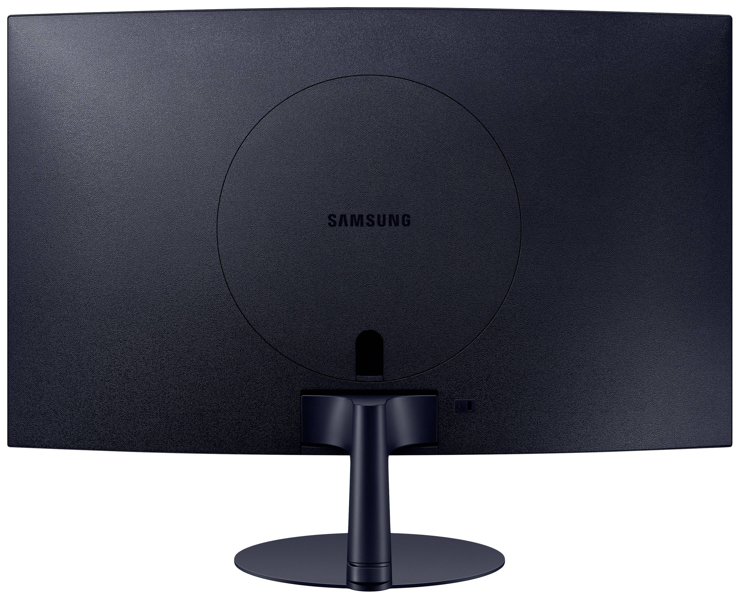 Retro di un monitor nero e curvo su un supporto, con il nome del marchio posizionato al centro.