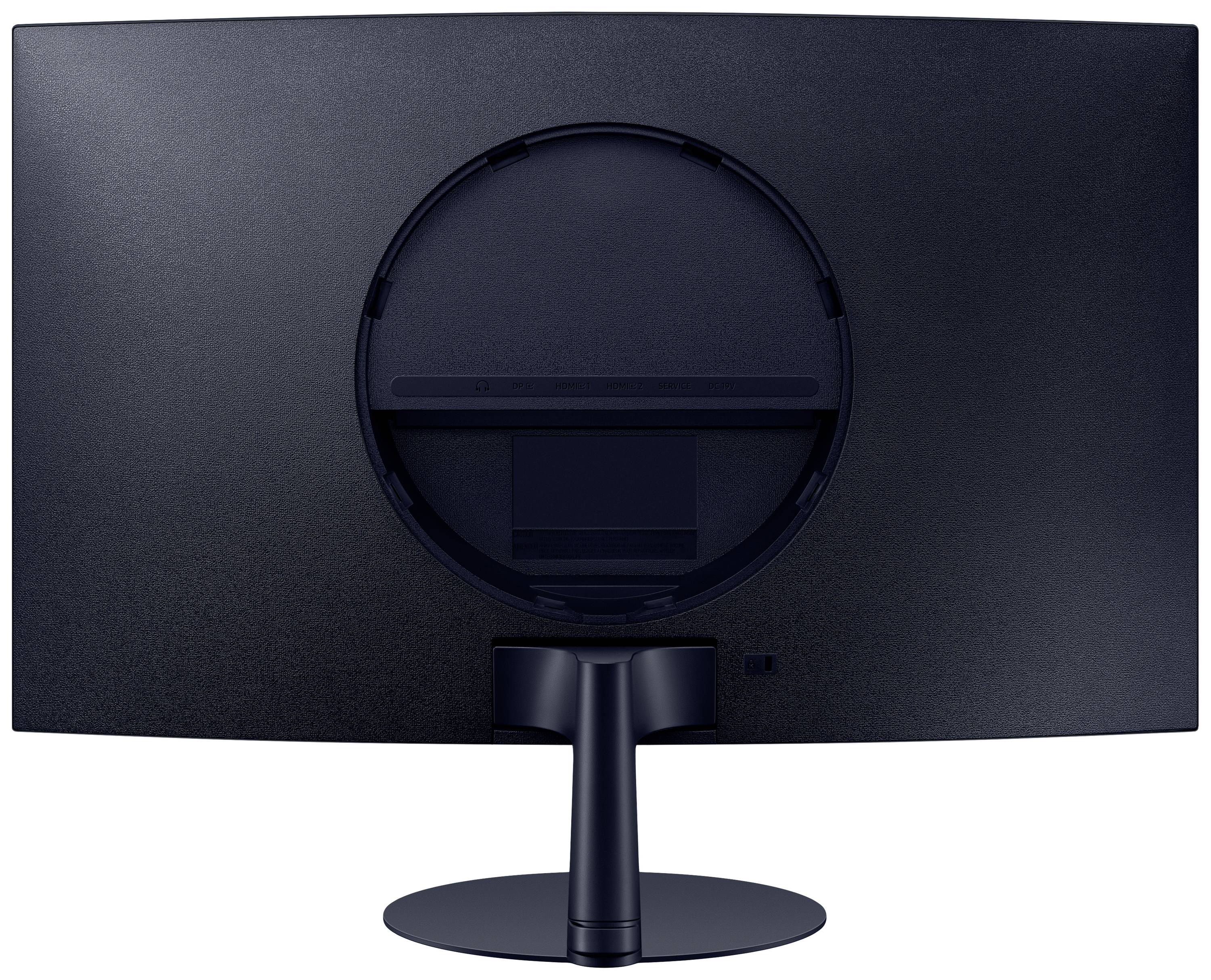 Retro di un monitor nero curvo per computer con base rotonda, privo di cavi visibili o indicazioni di marca.