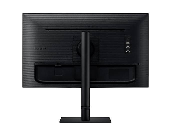 Uno schermo nero per computer visto da dietro, con tre porte USB sul lato destro e un supporto regolabile.