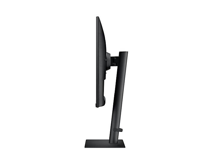 Un monitor per computer visto di lato, montato su un supporto regolabile verticalmente. Design minimalista.