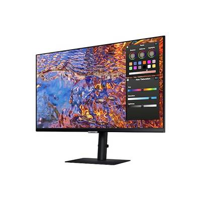 Un monitor a schermo piatto mostra un pattern astratto e colorato. A destra è visibile un menu per regolare le impostazioni del colore come tonalità e luminosità.