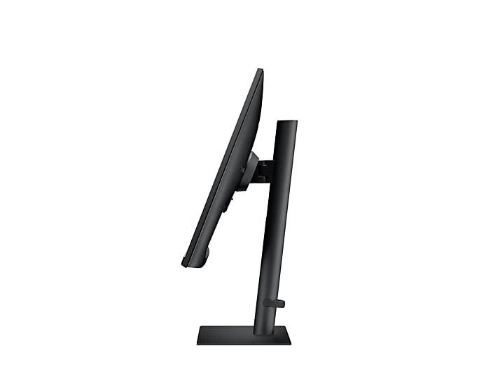 Vista laterale di un monitor nero per computer con base regolabile. Lo schermo è leggermente inclinato verso l'alto.