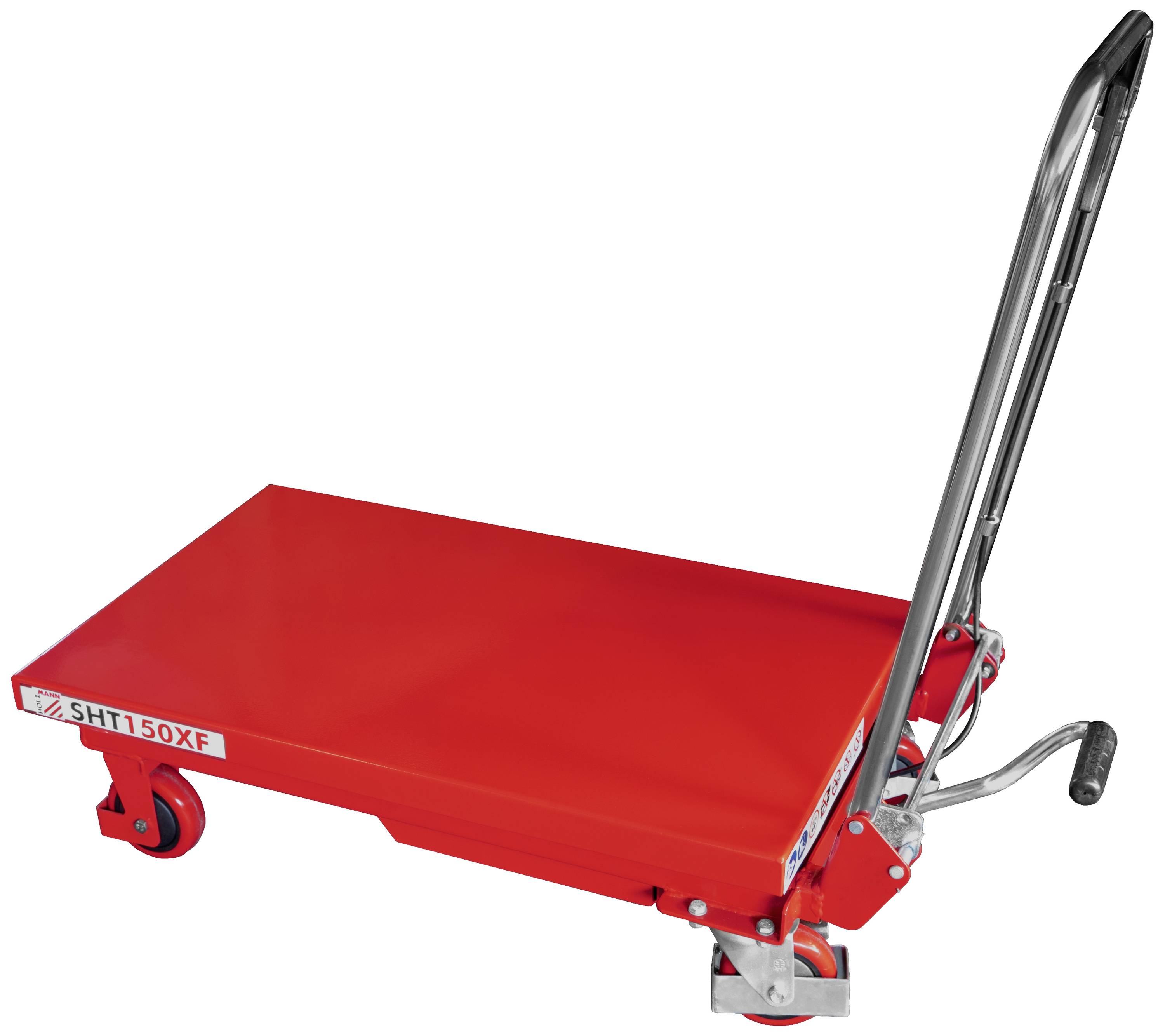 Un carrello elevatore rosso con leva e ruote, modello 'SHT150XF', per il trasporto di carichi pesanti in ambienti di magazzino.