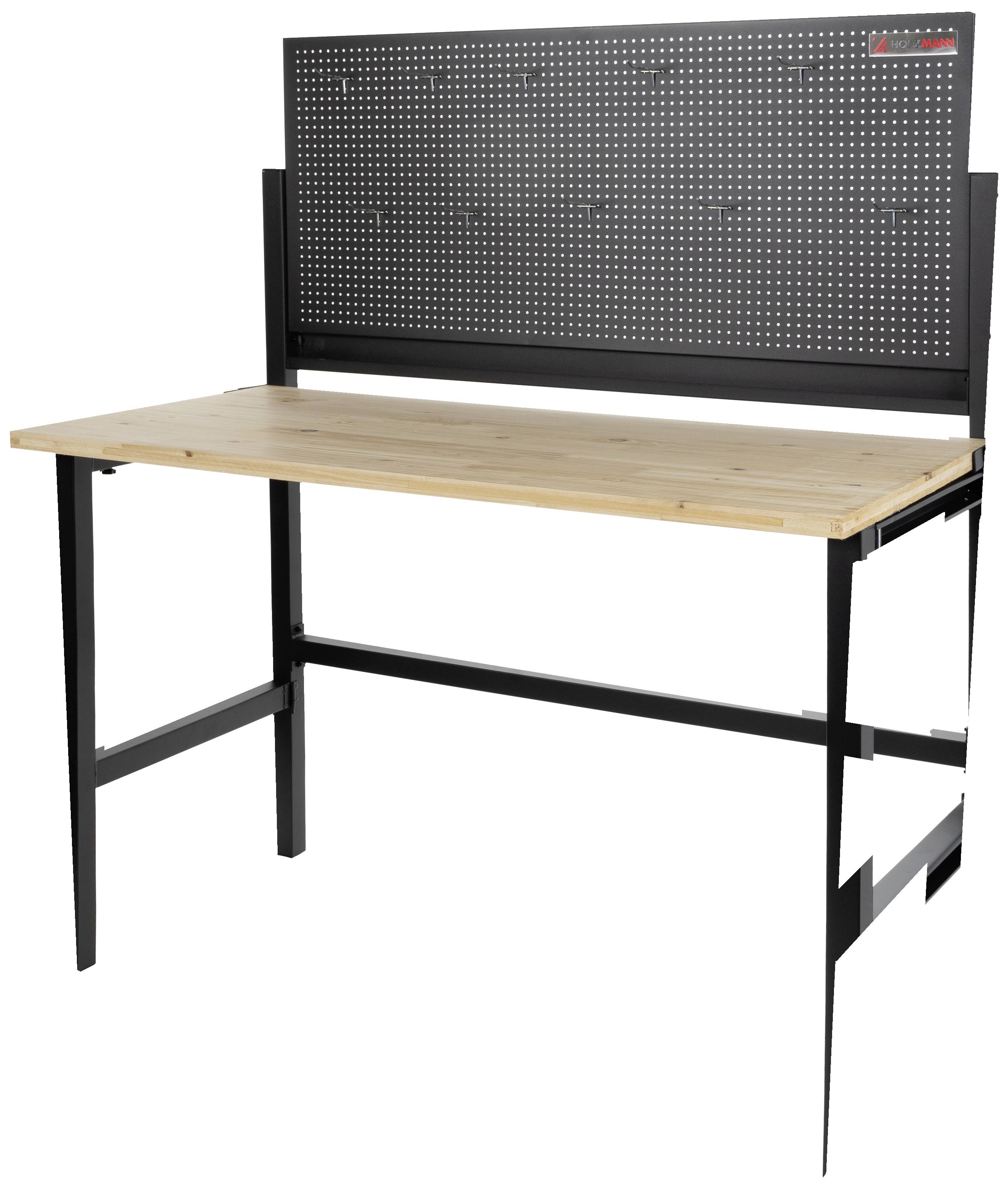 'Banco da lavoro con piano in legno e pannello posteriore forato in metallo, ideale per l'organizzazione degli attrezzi in officina.'