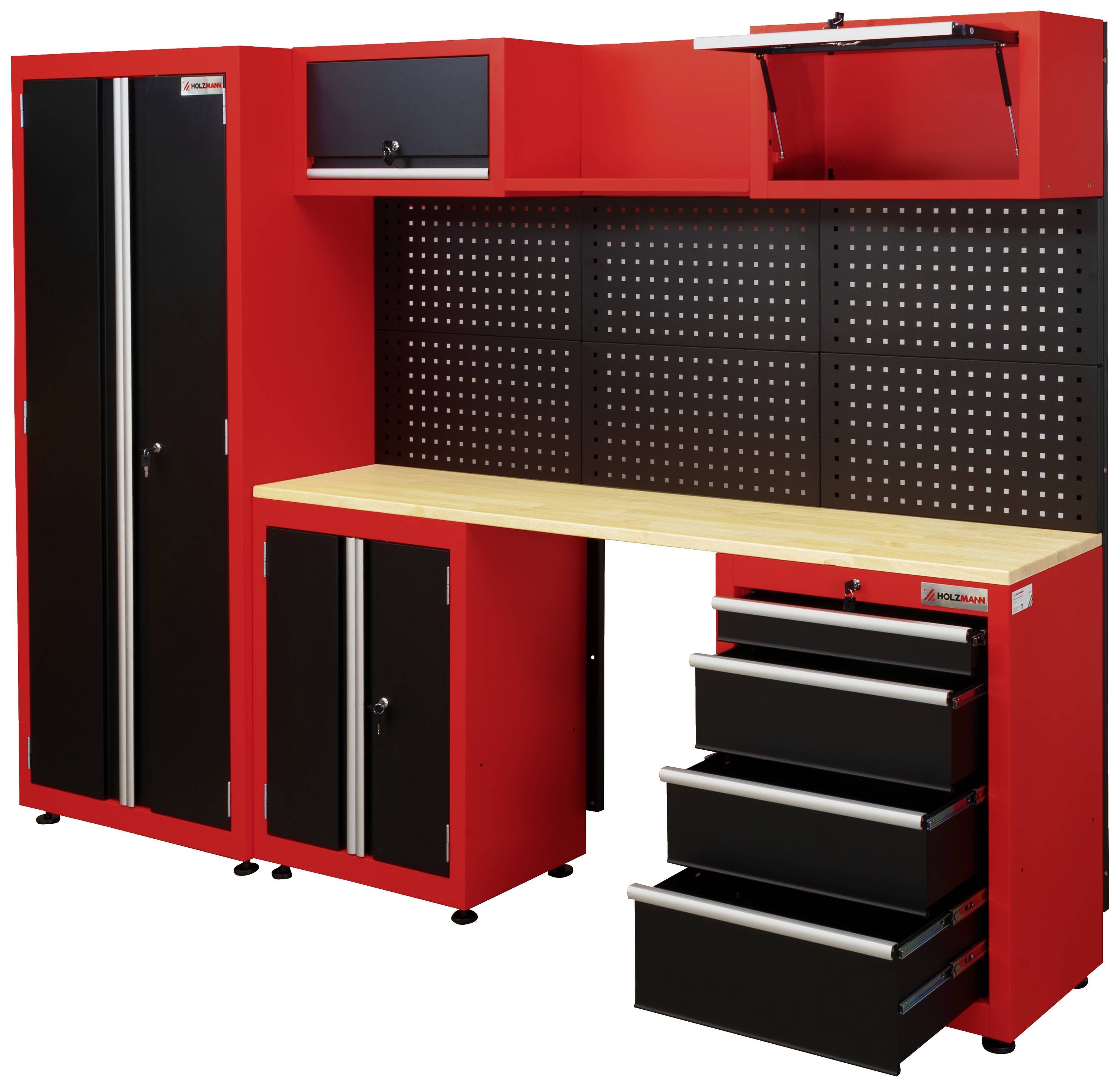 Banco da lavoro rosso con piano di lavoro in legno, armadietti e cassetti neri. Pannello forato per appendere gli utensili.